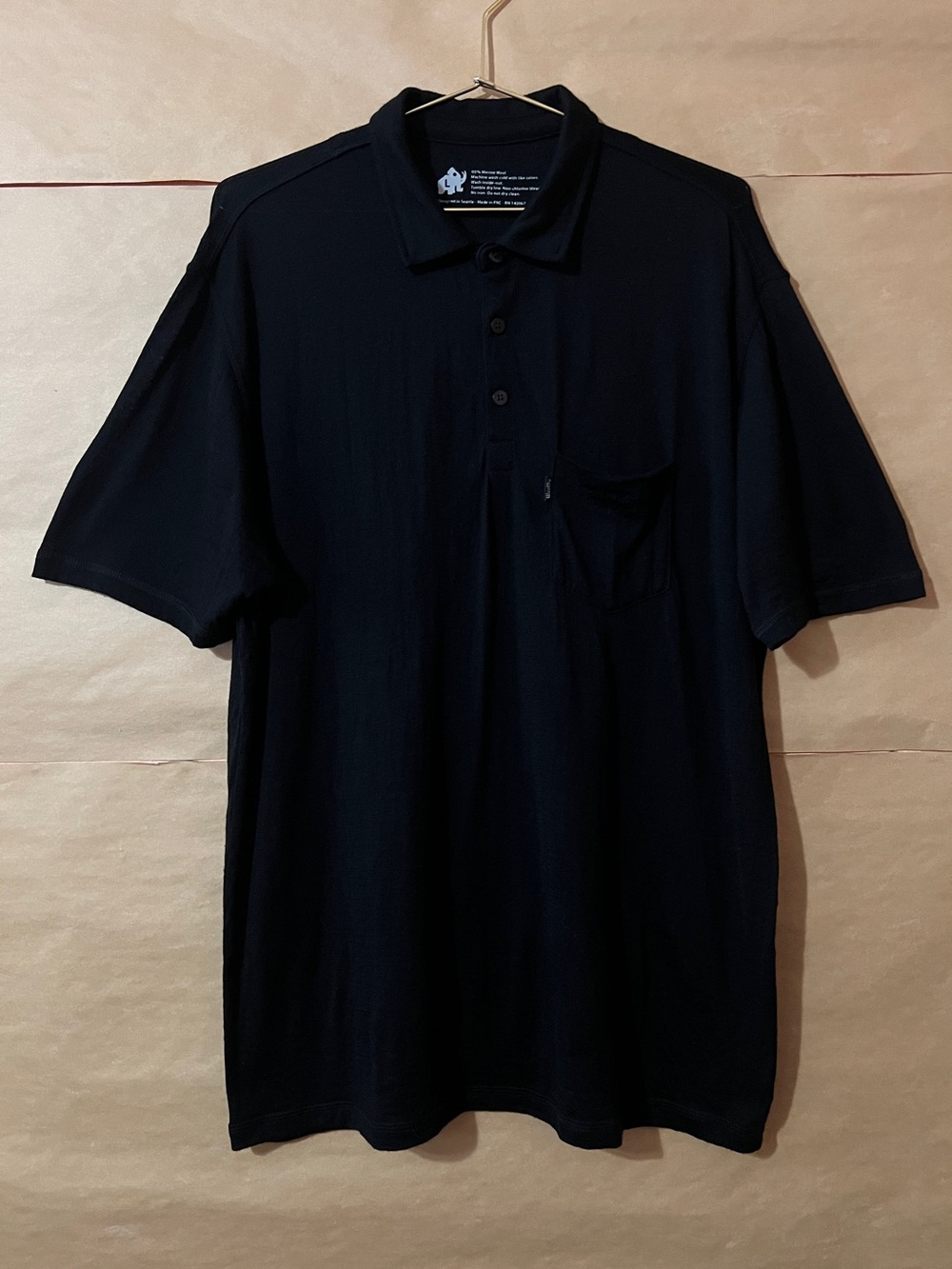 Woolly | Men's Merino Wool Polo Shirt Button Collar Short Sleeve Black Size L